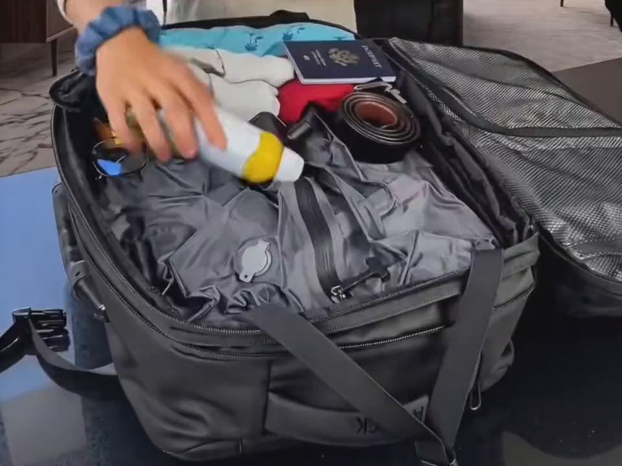 Toiletry bag, passport and essentials packed into the 1Bag